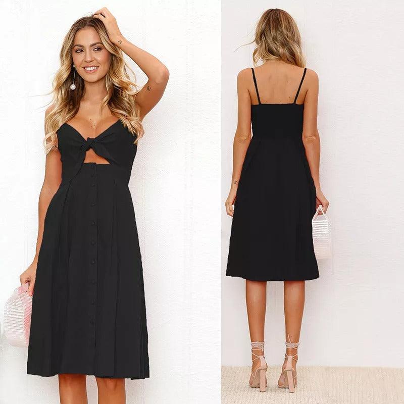 Buttoned Bow Back Sexy Strap Dress - Mysummerbasics