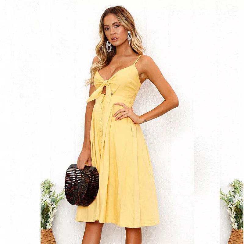 Buttoned Bow Back Sexy Strap Dress - Mysummerbasics