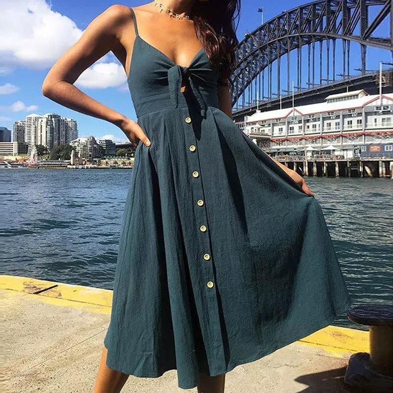Buttoned Bow Back Sexy Strap Dress - Mysummerbasics