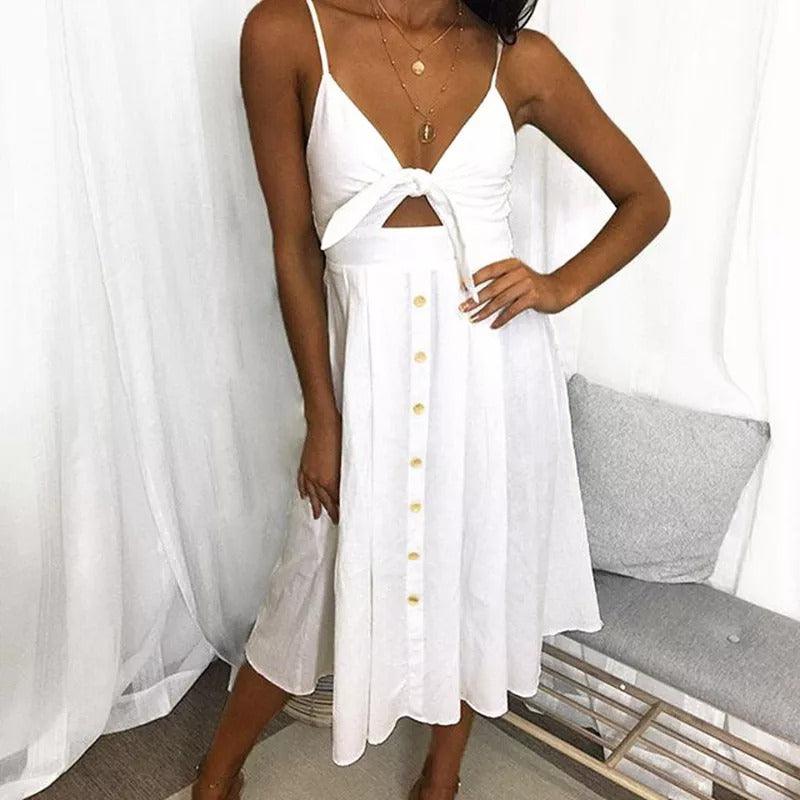 Buttoned Bow Back Sexy Strap Dress - Mysummerbasics